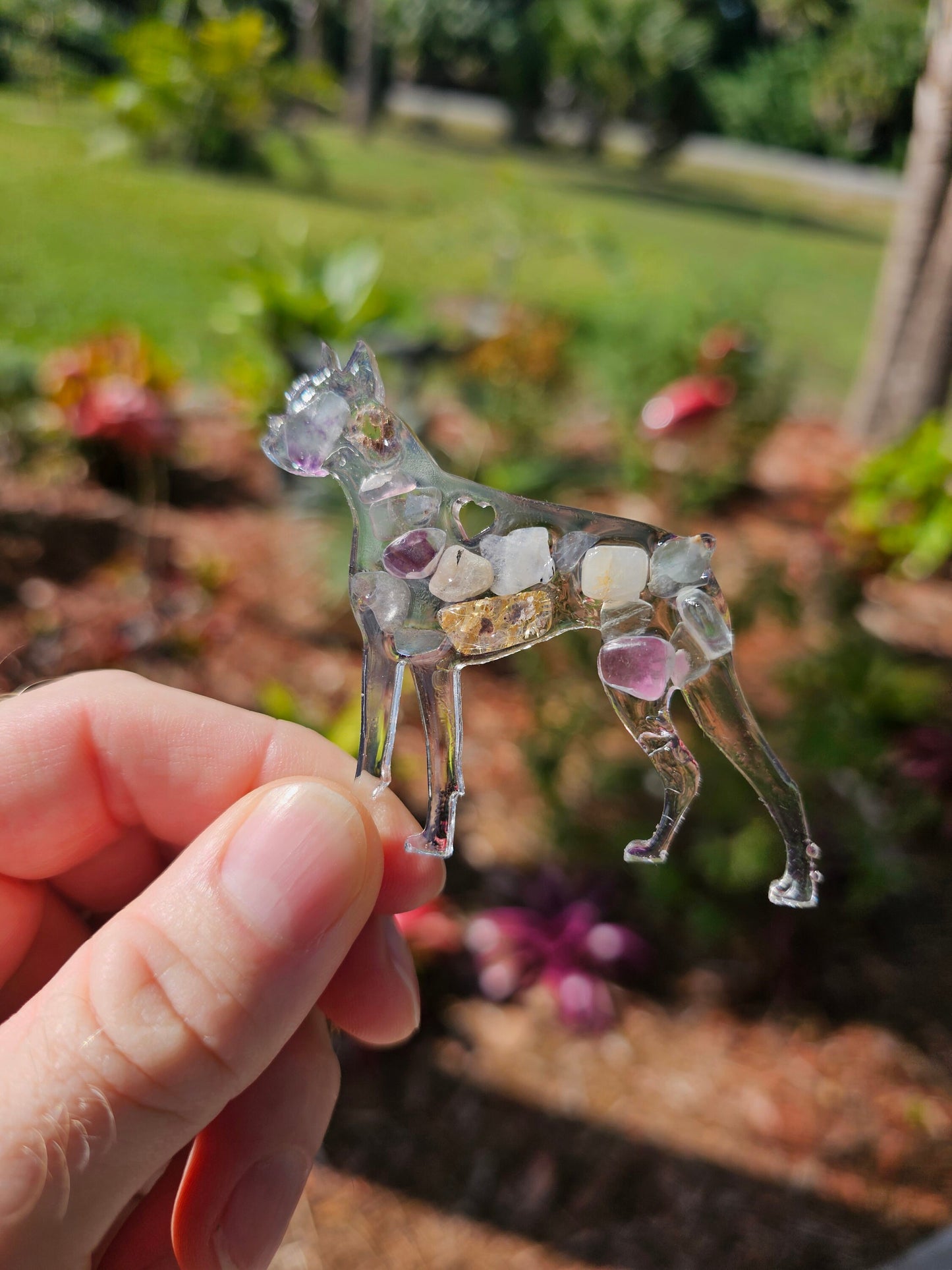 Boxer Dog Epoxy Resin Ornament with Natural Gemstones