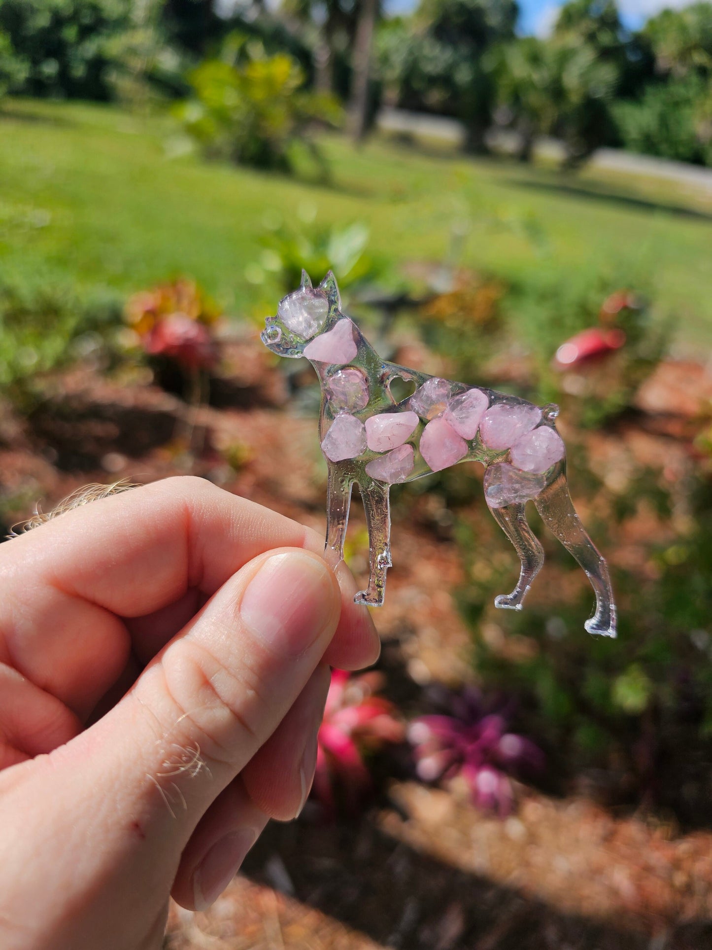 Boxer Dog Epoxy Resin Ornament with Natural Gemstones